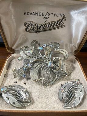 Vintage Silver Aurora Borealis Brooch and Earring Set